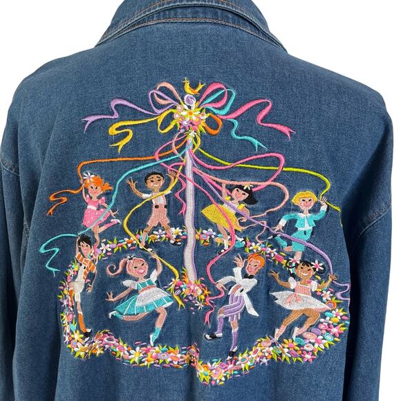 Bob Mackie Wearable Art Denim Shirt Womens 2X Plus Blue Maypole Embroidery Tunic - Picture 5 of 10
